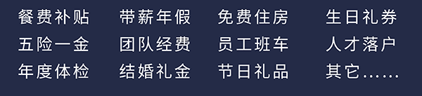 HJC黄金城平台员工福利：餐费补贴、五险一金、年度体检、带薪年假、团队经费、结婚礼金、免费住房、员工班车、节日礼品、生日礼券、人才落户、其它……